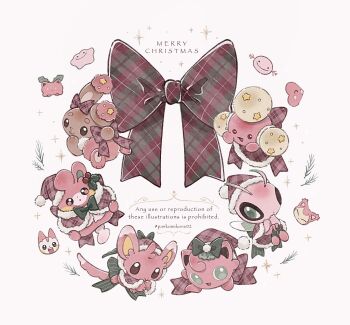 alternate_color bow brown_eyes buneary celebi commentary ditto full_body gen_1_pokemon gen_2_pokemon gen_3_pokemon gen_4_pokemon gen_5_pokemon green_eyes highres hoppip jigglypuff jumpluff legendary_pokemon luvdisc merry_christmas minccino mythical_pokemon nintendo no_humans pachirisu pankonekone02 pawmi plaid_bow pokemon pokemon_(creature) red_eyes shiny_pokemon simple_background skitty white_background wooper
