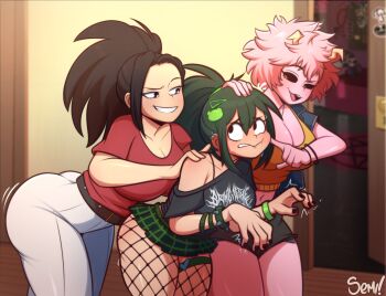 3girls absurdres alternate_costume ashido_mina asui_tsuyu belt black_eyes black_hair black_nails black_sclera black_shirt black_shorts boku_no_hero_academia breasts brown_belt cleavage colored_sclera colored_skin fishnet_pantyhose fishnets frog_hair_ornament goth_fashion green_hair grin hair_ornament highres indoors large_breasts long_hair multiple_girls nail_polish pants pantyhose pentagram pink_hair pink_skin ponytail red_shirt semi_(semidrawsp) shirt short_hair short_sleeves shorts single_bare_shoulder smile teeth tongue white_pants yaoyorozu_momo