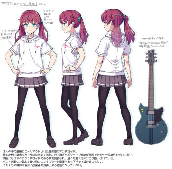 1girl android android_girl_sui aqua_eyes black_leggings brown_hair brown_sailor_collar casual commentary_request electric_guitar from_behind from_side full_body guitar hair_ornament hands_on_own_hips highres hood hoodie instrument itou_(onsoku_tassha) joints leggings loafers multiple_views original partially_translated pleated_skirt reference_sheet robot_joints sailor_collar school_uniform seams serafuku shoes simple_background skirt translation_request twintails white_background