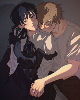 1boy 1girl absurdres black_eyes black_hair blonde_hair chainsaw_man couple denji_(chainsaw_man) dress fourth_east_high_school_uniform hetero highres holding_hands long_hair long_sleeves looking_at_viewer mitaka_asa pants pinafore_dress red_eyes school_uniform shirt short_hair sleeveless sleeveless_dress twintails white_shirt yurayuracocco