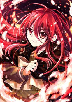 1girl alastor_(shakugan_no_shana) black_coat child coat green_shirt highres jewelry looking_at_viewer misaki_high_school_uniform pendant red_eyes red_hair school_uniform shakugan_no_shana shana shirt smile solo tachitsu_teto upper_body