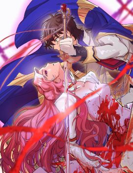 1boy 1girl blood breasts brown_hair cape cleavage code_geass donut_hair_bun dress euphemia_li_britannia hair_bun highres knights_of_the_round_uniform kururugi_suzaku long_hair pink_hair purple_eyes sekai_wo_kakumei_suru_chikara_wo short_hair shoujo_kakumei_utena spoilers sword tears urinxychjzzwlof weapon