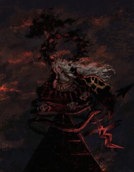 Rule 34 | 1boy, demon horns, demon tail, expressionless, floating hair, full body, hagoromo, hair over one eye, hand on own cheek, hand on own face, head on hand, head rest, highres, holding, holding polearm, holding weapon, horns, imu (one piece), long hair, looking at viewer, male focus, naginata, nerona imu, on rooftop, one piece, polearm, red eyes, s7s h, shawl, skin-covered horns, skull ornament, solo, spoilers, squatting, tail, very long hair, very long tail, weapon, white hair