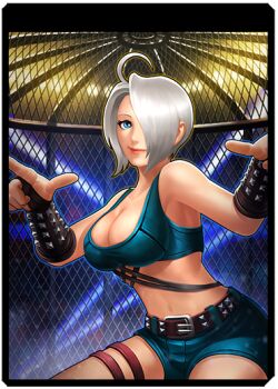 1girl angel_(kof) blue_eyes breasts cleavage denim female_focus gloves hair_over_one_eye hands_up jeans jewelry large_breasts leather one_eye_covered pale_skin pants ring short_hair shorts smile smiley_face stage stage_lights standing tank_top the_king_of_fighters thighs white_hair