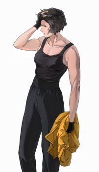 1girl aizheajsee arm_up black_gloves black_hair black_pants black_tank_top breasts cleavage closed_mouth collarbone expressionless feet_out_of_frame fingerless_gloves ghost_in_the_shell gloves hand_in_own_hair hashtag-only_commentary highres holding holding_unworn_clothes jacket kusanagi_motoko mature_female pants short_hair simple_background solo standing tank_top toned toned_female unworn_jacket white_background yellow_jacket