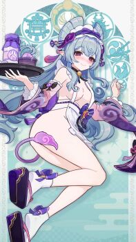 1girl apron blush breasts genshin_impact hair_ornament highres holding long_hair long_sleeves looking_at_viewer medium_breasts no_panties non-web_source smile solo white_apron white_background yumemizuki_mizuki
