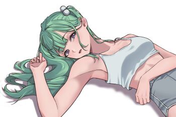 1girl aoooo0495 armpits camisole center-flap_bangs cowboy_shot crop_top double-parted_bangs green_hair grey_shorts hair_ornament hair_spread_out hand_up hashtag-only_commentary highres long_hair looking_at_viewer lying midriff on_back open_mouth pom_pom_(clothes) pom_pom_hair_ornament purple_eyes short_shorts shorts simple_background solo stellive virtual_youtuber white_background white_camisole yuzuha_riko