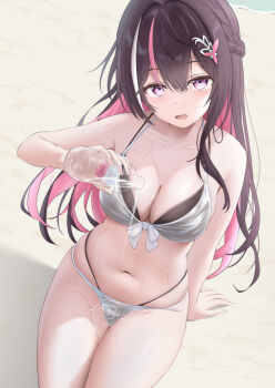 1girl arm_support azki_(hololive) bare_shoulders beach bikini blush bottle braid breasts brown_hair cleavage collarbone colored_inner_hair commentary_request day dutch_angle from_above front-tie_bikini_top front-tie_top hair_between_eyes hair_intakes hair_ornament halterneck hand_up holding holding_bottle hololive large_breasts layered_bikini long_hair multi-strapped_bikini_bottom multi-strapped_bikini_top multicolored_hair navel ocean on_ground open_mouth outdoors pink_eyes pink_streaks plastic_bottle pouring pouring_onto_self see-through_bikini see-through_clothes seriponpoyon sidelocks stomach streaked_hair string_bikini sunlight swimsuit thighs very_long_hair virtual_youtuber water_bottle wet wet_bikini white_bikini