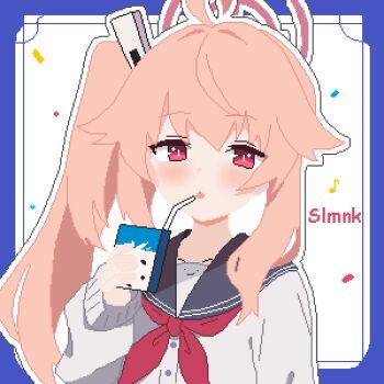 1girl absurdres ahoge black_sailor_collar blue_archive blue_border blush border choppy_bangs drink_carton drinking_straw halo hashtag-only_commentary highres holding holding_milk_carton long_hair long_sleeves looking_at_viewer milk_carton natsu_(blue_archive) open_mouth outside_border pink_eyes pink_hair pink_halo pixel_art sailor_collar shirt side_ponytail slmnk10124 solo upper_body white_background white_shirt