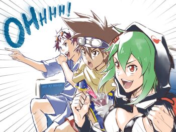 Rule 34 | 1girl, bike shorts, bikini, bikini top only, black bikini, black jacket, blue shirt, breasts, brown eyes, brown hair, cleavage, digimon, digimon adventure, digimon adventure v-tamer 01, digimon story: cyber sleuth, digimon world re:digitize, gaijin 4koma (meme), gloves, goggles, goggles around neck, goggles on head, green hair, hair between eyes, hood, hood up, hooded jacket, jacket, keyliom, long sleeves, meme, motomiya daisuke, multicolored bikini, multiple boys, open mouth, orange eyes, partially unzipped, print jacket, shinomiya rina, shirt, short hair, shorts, smile, swimsuit, teeth, two-tone bikini, white bikini, yagami taichi, yagami taichi (digimon adventure v-tamer 01)