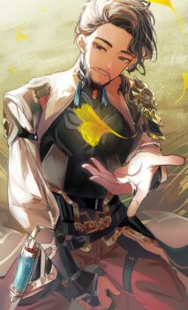 1boy alejandro_saab armor beard belt black_belt black_eyes black_hair black_shirt brown_pants cosplay cy_yu facial_hair ginkgo_leaf honkai:_star_rail honkai_(series) jacket jewelry jing_yuan jing_yuan_(cosplay) kanako_(fuwachu) leaf long_sleeves looking_at_viewer male_focus outstretched_hand pants ring shirt short_hair shoulder_armor sitting smile solo vambraces voice_actor_connection white_jacket