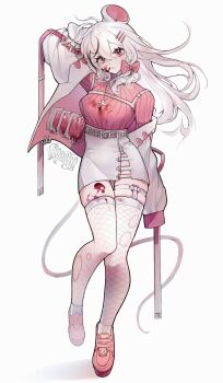 1girl animal_ears artist_name belt black_hair blood blood_bag blood_on_cheek blood_on_clothes blood_on_face blood_on_leg blood_splatter bow chest_harness cross cross_necklace fishnets frilled_thigh_strap hair_bow hair_ornament hairclip harness highres jacket jewelry long_hair mouse_ears mouse_tail multicolored_hair necklace original piercing piercing_through_clothes pink_eyes pink_sweater platform_footwear skirt sleeves_past_fingers sleeves_past_wrists smokyan solo strap streaked_hair sweater tail thigh_strap thighhighs torn_clothes torn_thighhighs watermark white_belt white_hair white_jacket