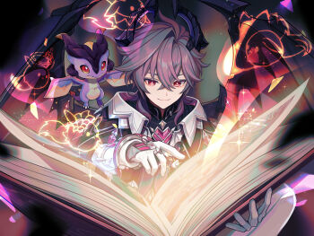 1boy book closed_mouth commentary_request dragon dragon_boy dragon_horns dragon_wings dual_persona durin_(genshin_impact) genshin_impact gloves hair_between_eyes highres holding holding_book horns male_focus mini_durin_(genshin_impact) open_book purple_hair reading red_eyes shirotolee small_dragon smile white_gloves wings