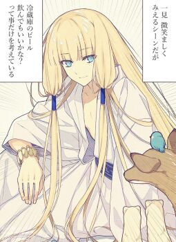 1boy bird blonde_hair bracelet deer fate/grand_order fate_(series) ferret green_eyes jewelry long_hair long_sleeves looking_at_viewer noah_(fate) noah_(third_ascension)_(fate) robe saipaco smile solo translation_request very_long_hair white_robe