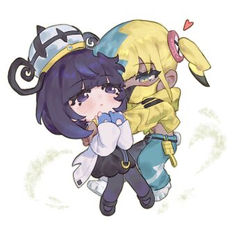 2girls black_dress black_hair black_pants black_shoes blonde_hair blue_gloves blue_hair blue_pants blush bob_cut canari_(pokemon) chibi chibi_only closed_mouth coat commentary_request cropped_jacket dark-skinned_female dark_skin dress full_body gloves gwynn_(pokemon) hat heart highres hug jacket long_sleeves looking_at_another mask midriff mouth_mask multicolored_hair multiple_girls navel nintendo open_clothes open_coat pants pantyhose partially_fingerless_gloves pokemon pokemon_legends:_z-a purple_eyes purple_hair rddumpling shoes short_hair split-color_hair two-tone_pants white_coat white_shoes yellow_jacket yuri