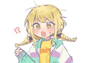 !? 1girl aliasing blonde_hair blush braid clothes_writing commentary_request deformed fujita_kotone furrowed_brow gakuen_idolmaster hand_up highres idolmaster jacket long_hair looking_at_viewer open_clothes open_jacket open_mouth shirt siiaka023 simple_background solo sweat twin_braids upper_body wavy_mouth white_background yellow_eyes yellow_shirt