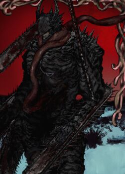 Rule 34 | absurdres, blood, chainsaw, chainsaw devil, chainsaw man, claws, commentary request, cowboy shot, demon, demon horns, entrails, highres, horns, idmiydoa, organs, red background, red scarf, scarf, shoulder spikes, spikes, teeth