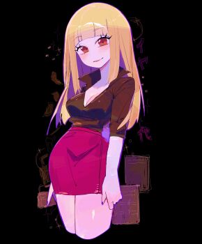 1girl black_background black_shirt blonde_hair blunt_bangs blush breasts brown_eyes cleavage closed_mouth commentary_request cropped_legs genderswap genderswap_(mtf) highres iyayo large_breasts long_hair looking_at_viewer osomatsu-san osomatsu_(series) red_skirt shirt short_sleeves skirt smile solo straight_hair usa37107692