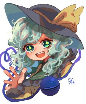 1girl :d black_hat collared_shirt commentary_request cropped_shoulders dated frilled_shirt_collar frills green_eyes green_hair hat hat_ribbon heart heart_of_string koishi_day komeiji_koishi looking_at_viewer matsukuzu medium_hair open_mouth ribbon shirt simple_background smile solo teeth third_eye touhou upper_teeth_only waving white_background yellow_ribbon yellow_shirt