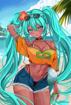 Rule 34 | 1girl, aqua hair, arm behind head, beach, bikini, bikini under clothes, black bikini, blue eyes, blue shorts, brazilian flag, brazilian miku, breasts, can, cleavage, cloud, eyewear on head, flower, hair flower, hair ornament, hatsune miku, highleg, highleg bikini, highres, holding, holding can, krashena, linea alba, long hair, navel, off-shoulder shirt, off shoulder, open fly, palm leaf, red flower, shirt, shorts, sky, solo, sunglasses, swimsuit, tan, tanline, twintails, twitter username, vocaloid, yellow shirt
