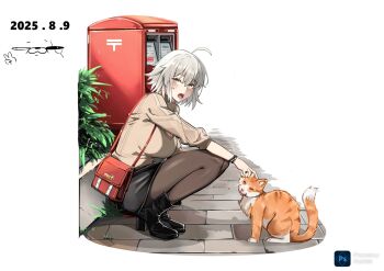 1girl ahoge animal bag bear_boss black_shoes black_skirt breasts cat cleavage dated fate/grand_order fate_(series) from_side grey_hair headpat highres jeanne_d&#039;arc_alter_(fate) jewelry large_breasts looking_at_viewer open_mouth pantyhose ring shoes short_hair shoulder_bag simple_background skirt solo squatting thighs turtleneck white_hair yellow_eyes