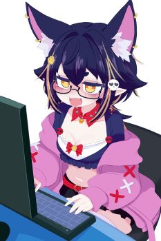 1girl :3 animal_ears bell belt black_hair black_shirt black_skirt blonde_hair blush bow breasts brooch cat_ears cat_girl chair cleavage collar collarbone computer computer_keyboard desk detached_collar earrings fangs glasses hair_ornament hood hoodie indie_virtual_youtuber jewelry jingle_bell kukuchi581 long_sleeves looking_at_screen midriff multicolored_hair nakoiya navel neck_bell off-shoulder off-shoulder_hoodie open_clothes open_hoodie open_mouth paw_brooch paw_hair_ornament pink_hoodie pointy_ears red_belt red_bow shirt short_hair sitting skirt skull_hair_ornament small_breasts smile spiked_collar spikes streaked_hair thick_thighs thighhighs thighs typing virtual_youtuber white_background white_thighhighs yellow_eyes