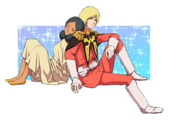 1boy 1girl alternate_universe back-to-back belt bindi black_hair blonde_hair boots char_aznable couple dark-skinned_female dark_skin epaulettes gloves good_end gundam holding_hands lalah_sune military military_uniform mobile_suit_gundam science_fiction star_(symbol) star_symbol_background teikoku_jokyoku tunic white_gloves zeon