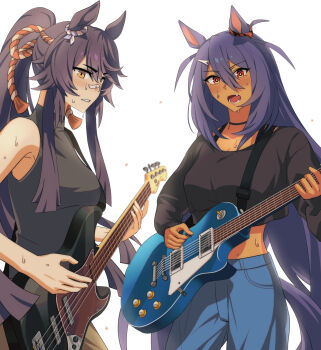 Rule 34 | 2girls, animal ears, bandaid, bandaid on face, bandaid on nose, bass guitar, black choker, black hair, black shirt, blue pants, blush, breasts, brown pants, choker, cropped shirt, dark-skinned female, dark skin, ear ornament, ear scrunchie, electric guitar, fang, fender jazz bass, grey shirt, guitar, hair between eyes, hair ornament, hairclip, highres, hishi amazon (umamusume), holding, holding guitar, holding instrument, horse ears, horse girl, horse tail, hwipa (param blue), instrument, long hair, long sleeves, medium breasts, midriff, multiple girls, narita brian (umamusume), open mouth, pants, ponytail, red eyes, red scrunchie, scrunchie, shirt, sleeveless, sleeveless shirt, striped clothes, striped scrunchie, sweat, sweater, tail, teeth, umamusume, very long hair, yellow eyes