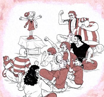 1girl 6+boys aged_down artist_request bald belt benn_beckman bonk_punch brown_hair building_snake child clenched_hand dreadlocks dress eating everyone father_and_daughter food goggles green_hair grin happy hat highres holding holding_sword holding_weapon hongou_(one_piece) howling_gab limejuice_(one_piece) long_coat looking_at_another lucky_roux manly monkey monster_(one_piece) multiple_boys muscular one_piece open_clothes open_shirt open_vest pectorals pirate ponytail red_hair_pirates robe rockstar_(one_piece) sash scar shanks_(one_piece) shirt short_hair simple_background sitting smile spiked_hair straw_hat striped_clothes striped_shirt sunglasses sword traditional_media uta_(one_piece) vest weapon white_hair yasopp