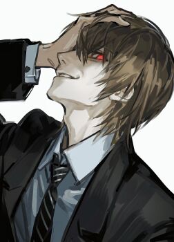 Rule 34 | 1boy, 3367e, adam's apple, brown hair, closed mouth, commentary request, death note, diagonal-striped clothes, diagonal-striped necktie, dress shirt, hand on own head, highres, jacket, looking at viewer, male focus, necktie, red eyes, shirt, short hair, simple background, solo, striped clothes, striped necktie, suit jacket, teeth, white background, yagami light