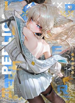 1girl absurdres animal_ears arknights arknights:_endfield arm_up ass bare_back bird_ears bird_girl black_pantyhose blonde_hair blue_eyes blush commentary from_behind gloves grey_jacket grey_skirt highres jacket long_hair looking_at_viewer looking_back nekoya_(nekodayo_22) off_shoulder pantyhose perlica_(arknights) pleated_skirt skirt smile solo yellow_gloves yellow_pupils