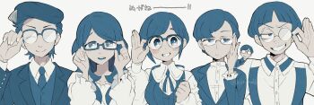 3boys 3girls adjusting_eyewear beret blue_hair closed_eyes closed_mouth collared_shirt commentary_request frilled_shirt frilled_sleeves frills fukurai_azami glasses hand_on_eyewear hat highres jacket kiirono kimura_(toshi_densetsu_kaitai_center) kisaragi_tsutomu kiyomoto_(toshi_densetsu_kaitai_center) long_sleeves looking_at_viewer multiple_boys multiple_girls nakata_(toshi_densetsu_kaitai_center) neck_ribbon necktie open_mouth ribbon round_eyewear shirt short_hair simple_background smile tanihara_kinoko toshi_densetsu_kaitai_center trait_connection upper_body white_background