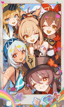 5girls amber_(genshin_impact) blonde_hair blue_eyes blue_gem flower flower-shaped_pupils gem genshin_impact greed_anger_hatred hair_between_eyes hashtag-only_commentary hat hat_flower highres hu_tao_(genshin_impact) long_hair mualani_(genshin_impact) multicolored_hair multiple_girls navia_(genshin_impact) one_eye_closed red_eyes smile symbol-shaped_pupils v white_hair yoimiya_(genshin_impact)