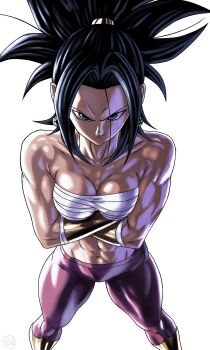 Rule 34 | 1girl, abs, absurdres, black hair, breasts, chest sarashi, cowboy shot, crossed arms, dragon ball, dragon ball super, earrings, eyelashes, highres, jewelry, kefla (dragon ball), long hair, medium breasts, muscular, muscular female, no shirt, pantyhose, potara earrings, purple pantyhose, roub3d, sarashi, simple background, solo, white background