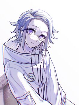 1boy aotsuki_eito drawstring eyelashes glasses grey_hair highres jacket looking_at_viewer male_focus purple_eyes short_hair simple_background sleeve_pouch smile solo the_hundred_line_-last_defense_academy- upper_body white_background white_jacket zhongerrenbenren