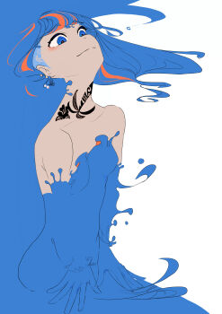 1girl absurdres blue_eyes blue_hair closed_mouth commentary_request eyelashes highres long_hair multicolored_hair neck_tattoo nude original paint_on_body red_hair simple_background smile solo streaked_hair tattoo two-tone_hair umidukidayo undercut white_background