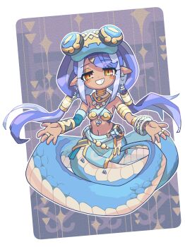 1girl absurdres bare_shoulders blue_hair blue_hat blue_scales blush border commentary_request criss-cross_halter dark-skinned_female dark_skin detached_sleeves earrings full_body gold_bangle gold_ring grin hair_ornament hairclip half-closed_eyes halterneck hat highres jewelry lamia long_hair long_sidelocks low_twintails monster_girl multicolored_hair navel original outstretched_arms pelvic_curtain ring san_setu scales sidelocks silver_ring smile solo twintails two-tone_hair white_border white_hair yellow_eyes