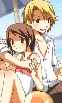 Rule 34 | 00s, 1boy, 1girl, beach, blonde hair, blue eyes, blush, brown eyes, brown hair, casual one-piece swimsuit, couple, day, digimon, digimon adventure 02, hetero, ishida yamato, kurot, lowres, ocean, one-piece swimsuit, shirt, short hair, swimsuit, yagami hikari