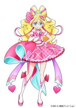 1girl absurdres blonde_hair blue_eyes boots bow-shaped_hair copyright_notice cure_idol detached_sleeves earrings full_body hair_ornament hand_on_own_hip hand_to_own_mouth hand_up headset heart heart_hair_ornament highres idol_heart_brooch_(precure) jewelry kimi_to_idol_precure knee_boots long_hair looking_at_viewer magical_girl midriff miniskirt multicolored_hair official_art pink_shirt pink_skirt precure puffy_sleeves sakura_uta_(precure) second-party_source shirt simple_background skirt smile solo streaked_hair white_background white_boots wrist_cuffs