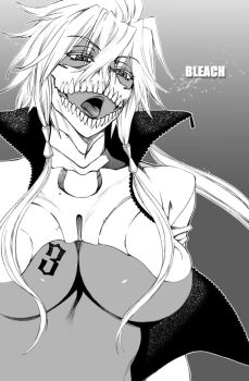 00s 1girl arrancar bleach bone breasts covered_erect_nipples crossed_bangs dark-skinned_female dark_skin eyelashes female_focus greyscale hair_between_eyes hair_over_breasts hair_tubes hanzaki_jirou large_breasts lips long_hair looking_at_viewer midriff monochrome number_tattoo open_clothes open_mouth revealing_clothes sidelocks solo spoilers tattoo teeth tier_harribel tongue twintails underboob unzipped upper_body wind