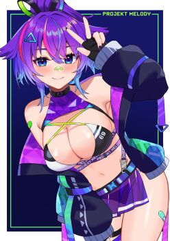 1girl absurdres bandaid bandaid_on_face bandaid_on_leg bandaid_on_nose bikini black_bikini black_gloves black_jacket blue_eyes blue_hair blush breasts character_name cleavage closed_mouth fingerless_gloves gloves hair_ornament highres jacket kuwahara_taiki large_breasts looking_at_viewer medium_hair melody_(projektmelody) melody_(projektmelody)_(summer) miniskirt multicolored_bikini multicolored_hair nail_polish navel pink_hair purple_hair purple_jacket purple_nails purple_skirt skirt smile solo streaked_hair swimsuit triangle_hair_ornament two-sided_fabric two-sided_jacket two-tone_bikini virtual_youtuber vshojo white_bikini