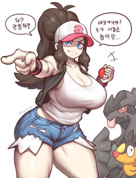 1girl absurdres alternate_body_build alternate_breast_size breasts cleavage domaguri gen_5_pokemon hat highres hilda_(pokemon) large_breasts legendary_pokemon nintendo pointing pokemon pokemon_bw short_shorts shorts speech_bubble tepig thighs zekrom