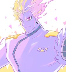 Rule 34 | 1boy, blonde hair, broad shoulders, closed mouth, earrings, glint, highres, jacket, jewelry, kray foresight, looking at viewer, male focus, pink eyes, promare, short hair, solo, sparkle, spiked hair, sumi wo hakuneko, torn clothes, torn sleeves, triangle, upper body, white jacket