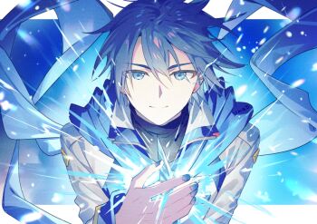Rule 34 | 1boy, black shirt, blue eyes, blue hair, blue nails, blue scarf, closed mouth, commentary, floating scarf, hair between eyes, hand up, kaito (vocaloid), long sleeves, male focus, nail polish, parted hair, scarf, shirt, short hair, sinaooo, sleeve cuffs, smile, solo, untranslatable commentary, vocaloid