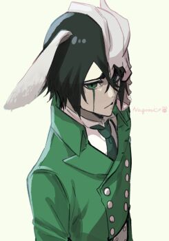 1boy animal_ears arms_at_sides arrancar black_hair black_lips bleach broken_helmet buttons closed_mouth collared_shirt colored_skin crossed_bangs double-breasted facial_mark green_eyes green_jacket green_necktie hair_between_eyes high_collar highres hishui_prpr hollow_(bleach) horns jacket looking_at_viewer male_focus necktie pale_skin rabbit_ears shirt short_hair sidelocks sideways_glance simple_background single_horn skull_on_head solo ulquiorra_cifer upper_body white_shirt white_skin yellow_background