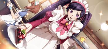 2girls alternate_costume apron black_hair blue_dress breasts brown_hair code_geass code_geass:_dakkan_no_roze code_geass:_lost_stories dress enmaided f4samurai frilled_apron frills game_cg green_eyes highres large_breasts long_hair maid maid_apron maid_headdress mei_ema multiple_girls official_art open_mouth pink_dress pink_eyes short_hair smile sumeragi_sakuya teeth twintails white_apron