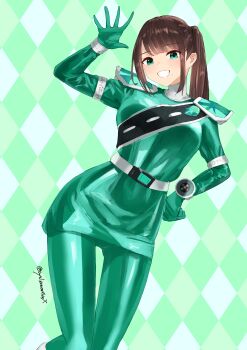 Rule 34 | 1girl, :d, absurdres, animification, argyle background, arm up, artist name, belt, belt buckle, bodysuit, breasts, brown hair, buckle, commentary, cowboy shot, curled fingers, cycloneactionx, elbow gloves, gloves, green background, green bodysuit, green eyes, green gloves, green skirt, green theme, grin, hand on own hip, hayami sena, high collar, highres, kiramei green, knees together feet apart, long hair, looking at viewer, mashin sentai kiramager, medium breasts, mole, mole under mouth, no headwear, open hand, open mouth, ponytail, shoulder pads, side ponytail, silver belt, silver trim, skin tight, skirt, smile, solo, spread fingers, super sentai, swept bangs, tokusatsu, twitter username, waving