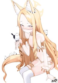 1girl absurdres animal_ear_fluff animal_ears armlet bare_shoulders bikini bird blonde_hair blue_archive blush bracelet breasts cross_halo detached_sleeves flat_chest flower forehead fox_ears gold_trim hair_flower hair_ornament halo harem_outfit highres jewelry loli long_hair looking_at_viewer mouth_veil navel neck_ring nephthys2356 parted_bangs ring see-through_clothes see-through_sleeves seia_(blue_archive) sidelocks sitting small_breasts solo swimsuit tail thighhighs thighlet thighs veil very_long_hair white_bikini white_thighhighs yellow_eyes yellow_halo