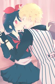 1boy 1girl alternate_costume aoi_choko_(aoichoco) black_hair blonde_hair blue_eyes blush bow finger_to_another&#039;s_mouth fingerless_gloves gloves hair_bow hetero highres incest kagamine_len kagamine_len_(holy_lancer) kagamine_rin kagamine_rin_(astray) long_sleeves looking_at_another project_diva_(series) project_diva_x red_eyes short_hair siblings simple_background skirt smile twincest twins vocaloid