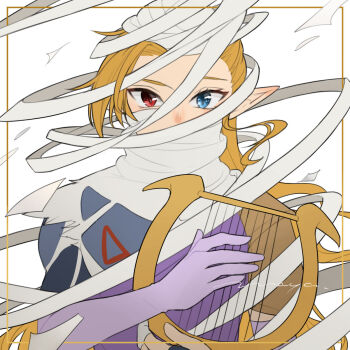 1girl bandages blonde_hair blue_eyes curtained_hair dual_persona elbow_gloves gloves harp hat heterochromia highres instrument long_hair maya_(mayamayammy) nintendo pointy_ears princess_zelda red_eyes sheik short_hair the_legend_of_zelda the_legend_of_zelda:_ocarina_of_time transformation